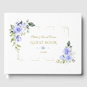 Blåa blommor Guld Glitter Ram Bröllop Gästböcker
