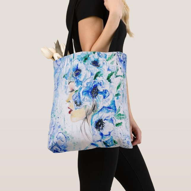 Blåa blommor Hair Woman Tote Bag Tygkasse (Närbild)