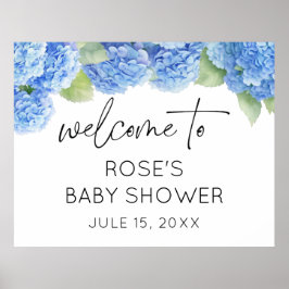Blåa blommor Hydrangea Baby Shower Välkommen Poster