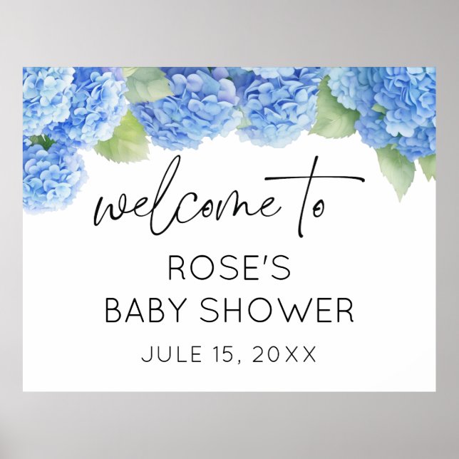 Blåa blommor Hydrangea Baby Shower Välkommen Poster (Framsidan)