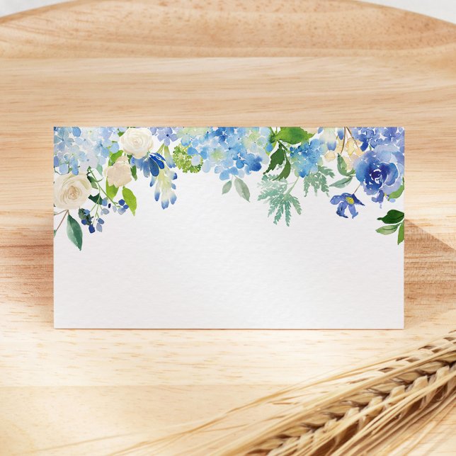 Blåa blommor hydrangea Bröllop-mappat platskort Placeringskort (Skapare uppladdad)