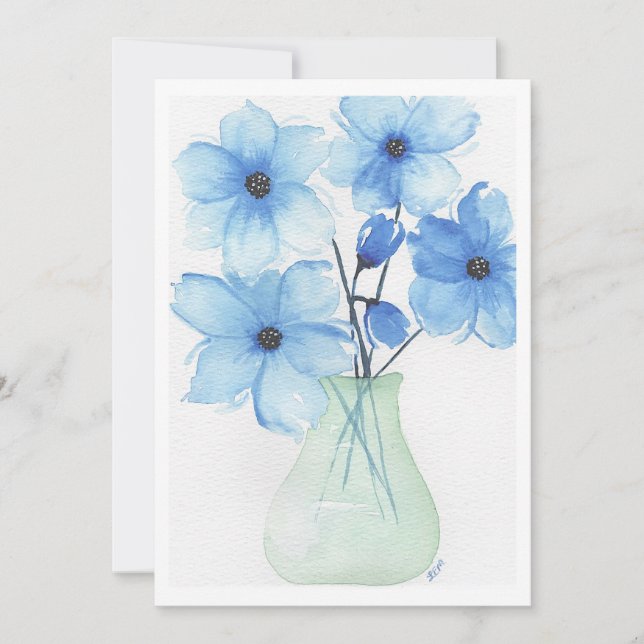 Blåa blommor i ett vas-kreditkort inbjudningar (Framsida)