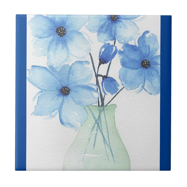 Blåa blommor i ett vas-kreditkort kakelplatta (Framsidan)