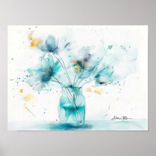Blåa blommor i Glass Vas Poster
