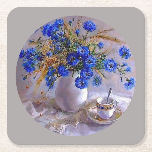 BLÅA BLOMMOR i VAS Underlägg Papper Kvadrat (Framsidan)