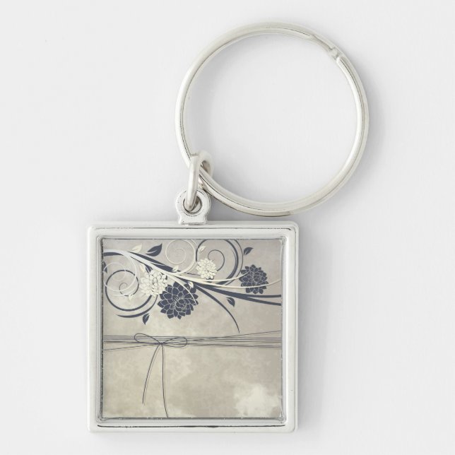 Blåa blommor Keychain Fyrkantig Silverfärgad Nyckelring (Framsidan)