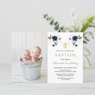 Blåa blommor Kor Boys Twillingar Fotodobaptism Inbjudningar