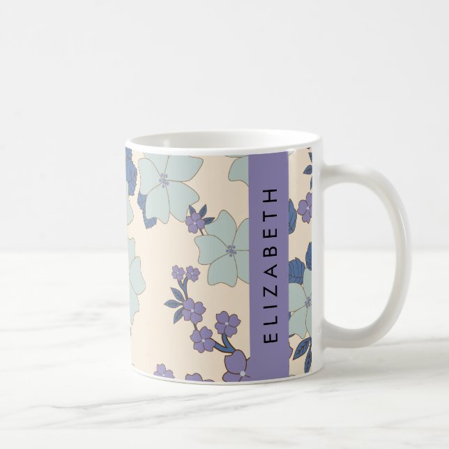 Blåa blommor, Lila blommor, Blommigt, ditt namn Kaffemugg (Höger)