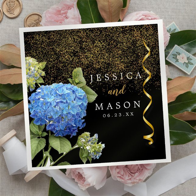 Blåa blommor Modern Bröllop Cocktail Napkins Pappersservett (Skapare uppladdad)