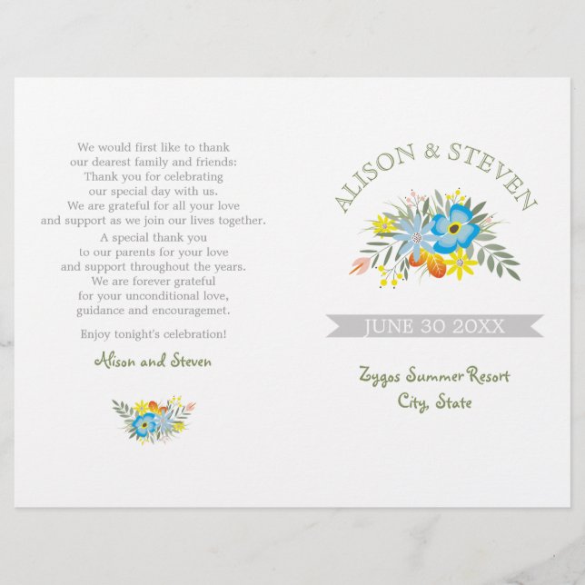 Blåa blommor moderna blommigt bröllopsprogram (Framsida)