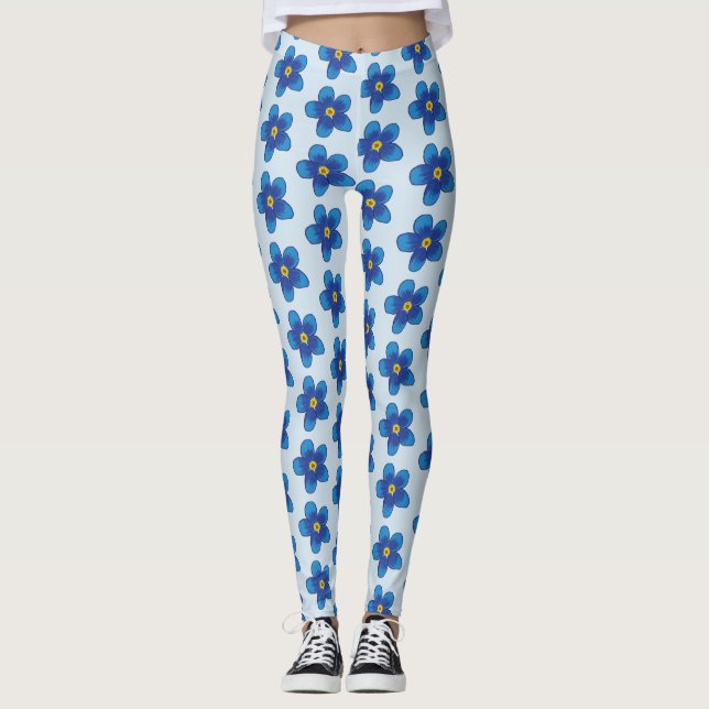 Blåa blommor mönster Anpassningsbar Leggings (Framsida)
