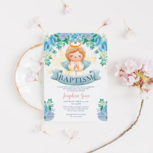 Blåa blommor och angel Baptism Inbjudningar