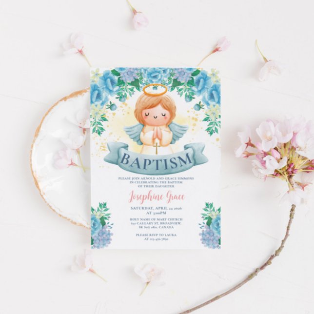 Blåa blommor och angel Baptism Inbjudningar (Skapare uppladdad)