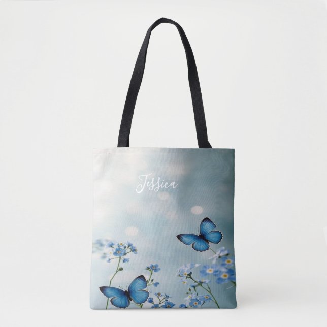 Blåa blommor och Butterfly Anpassningsbar Tote Bag Tygkasse (Framsida)