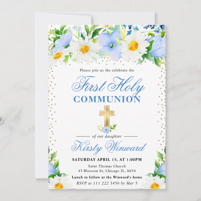 Blåa blommor och Daisy Första Heligan Inbjudningar (Framsida)