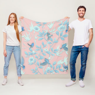 blåa blommor och fågel ,Bakgrundsljus ro färg Fleecefilt