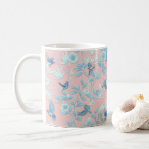 blåa blommor och fågel ,Bakgrundsljus ro färg Kaffemugg