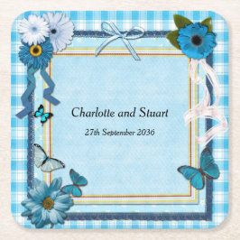 Blåa blommor och fjärilar underlägg papper kvadrat