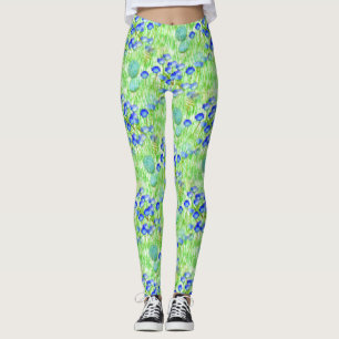 Blåa blommor och gräsarter art Mönster Leggings