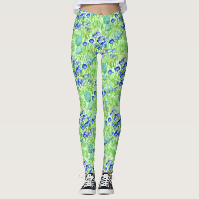 Blåa blommor och gräsarter art Mönster Leggings (Framsida)