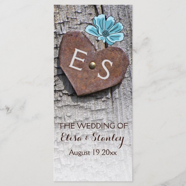 Blåa blommor och hjärta på bröllopsprogram av trä program (Framsida)