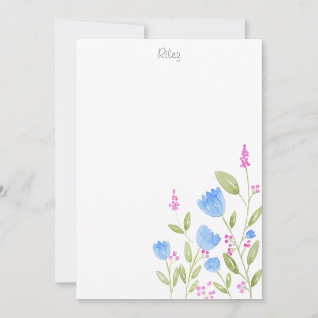 "Blåa blommor och Rosa Berries" Vattenfärg Anteckningskort (Framsida)