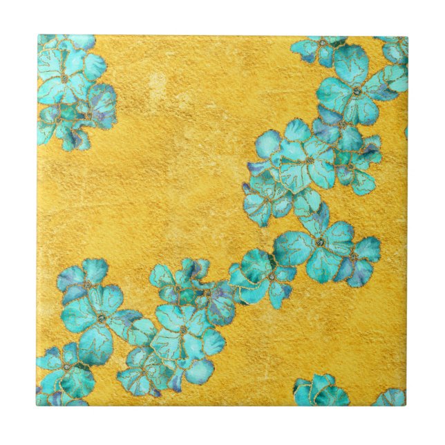 Blåa blommor på gultens bakgrund kakelplatta (Framsidan)