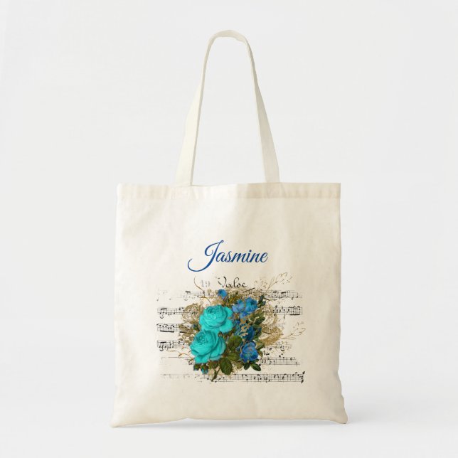 Blåa blommor Personlig Namn Tote Bag Tygkasse (Framsidan)