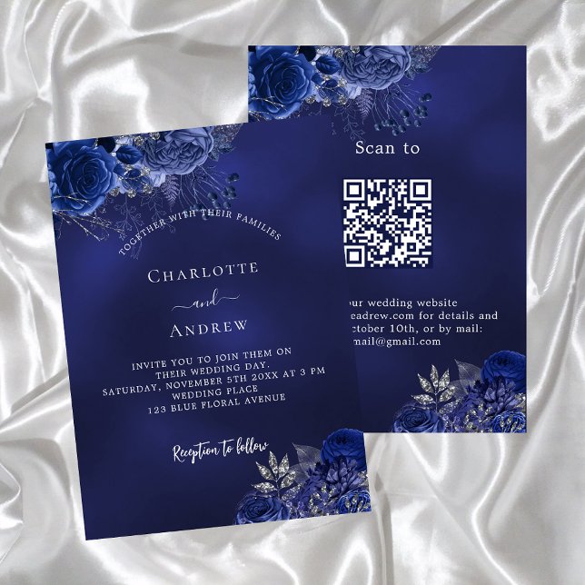 Blåa blommor QR-kod OSA bröllop Inbjudningar (Skapare uppladdad)