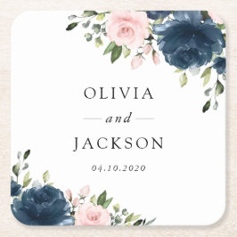 Blåa blommor, Rosa Flowers, Blommigt Bröllop Underlägg Papper Kvadrat