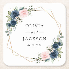 Blåa blommor, Rosa Flowers, Blommigt Bröllop Underlägg Papper Kvadrat