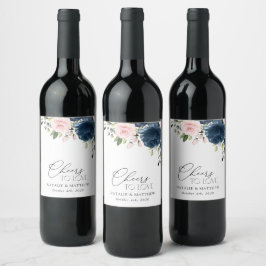 Blåa blommor, Rosa Flowers, Blommigt Bröllop Vinflaska Etikett