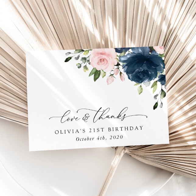 Blåa blommor, Rosa Flowers, Boho, Birthday Tack Kort (Skapare uppladdad)