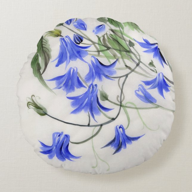 Blåa blommor rund kudde (Framsidan)