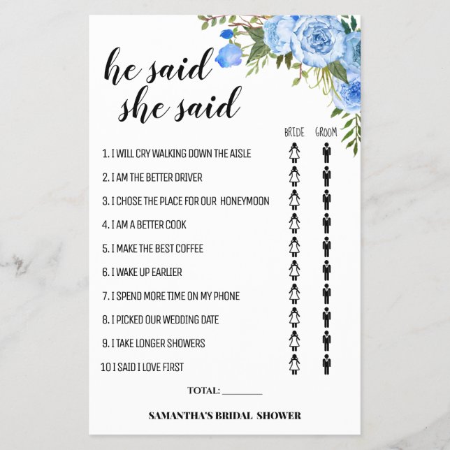 Blåa blommor sa att hon sa att Shower-spelkortet Flygblad (Framsidan)