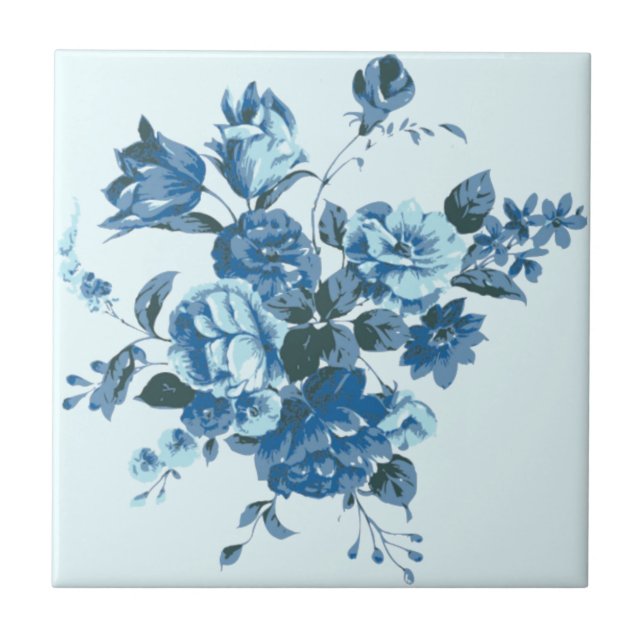 Blåa blommor - Teckning konssamling - Vintage Kakelplatta (Framsidan)