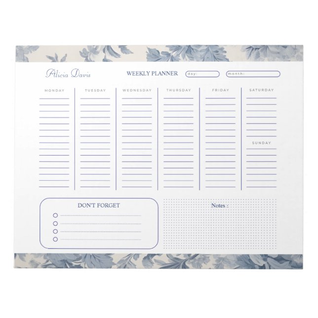 Blåa blommor Toile de Jouy Weekly Planner Anteckningsblock (Framsida)
