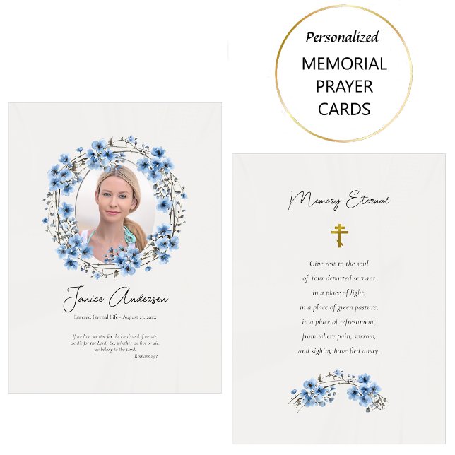 Blåa blommor utandningortodox Funeral Prayer Card Placeringskort (Skapare uppladdad)
