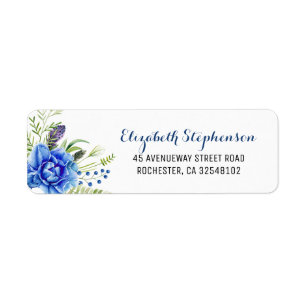 Blåa blommor vattenfärg returadress etikett