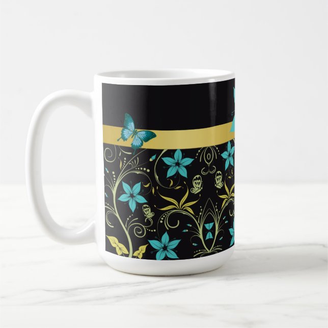 Blåa blommor, vin och fjärilar kaffemugg (Vänster)