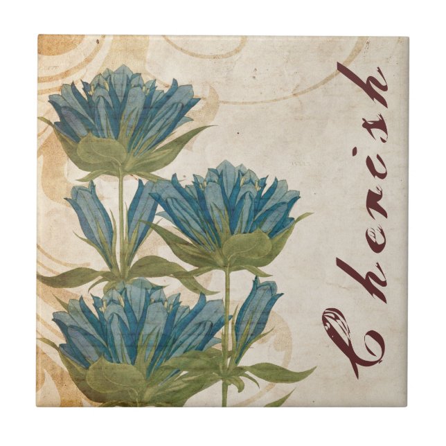 Blåa blommor Vintage bröllop Kakelplatta (Framsidan)