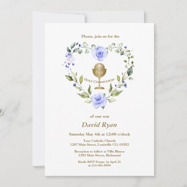 Blåa blommor WandeBoy First Heliga Communion Inbjudningar (Framsida)