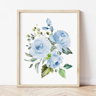 Blåa blommor, Watercolor Flowers, Boy Nursery Fototryck