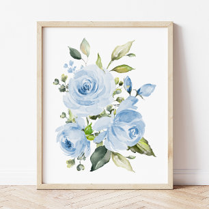 Blåa blommor, Watercolor Flowers, Boy Nursery Poster