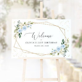 Blåa blommor, White Flowers, Birthday Welcome Poster