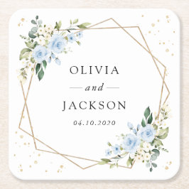 Blåa blommor, White Flowers, Greenery, Bröllop Underlägg Papper Kvadrat