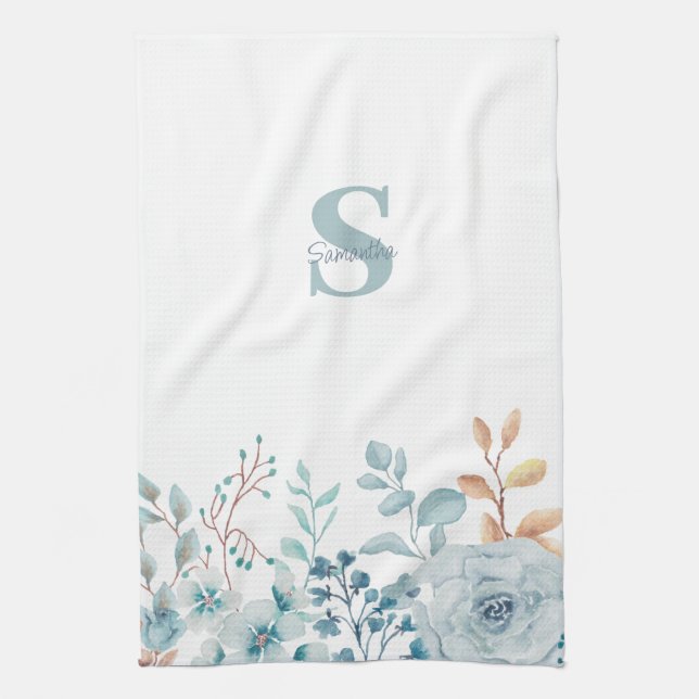 Blåa blomstermönster med monogram och namn köks ha kökshandduk (Vertikal)