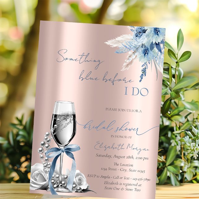 Blåa Bow Blommor Pärlor och Prosecco Rose Gold Inbjudningar (Skapare uppladdad)