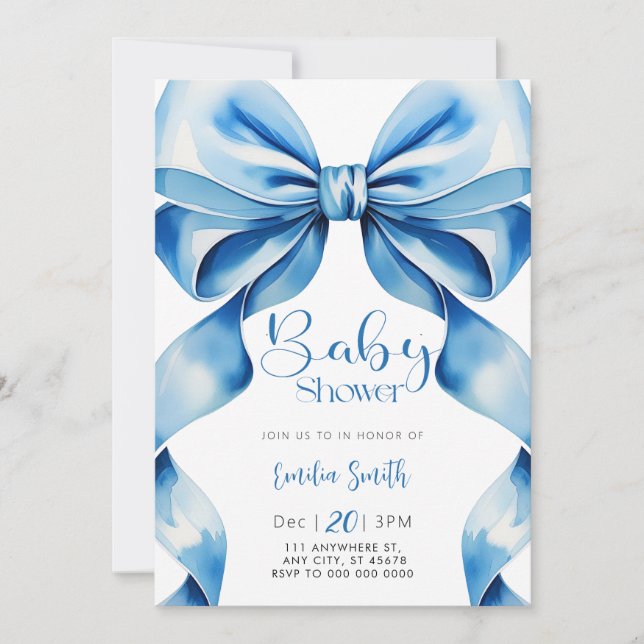 Blåa Bow Coquette Bebis Shower Inbjudningar (Framsida)