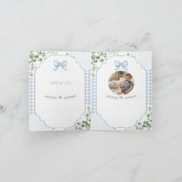 Blåa Bow Gingham Greenery Baby Shower Foto Tack Kort